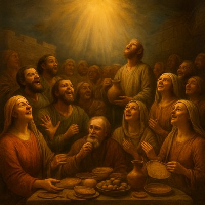 Renaissance Painting Art Style, Symbolism Art Style, a profoundly joyful and uplifting painting inspired by Nehemiah 8:10, emphasizing "the joy of the Lord is your strength." The scene depicts a vibrant, bustling gathering of diverse ancient Israelites, engaged in a communal feast and celebration. People of all ages are shown with radiant, happy faces, some laughing heartily, others sharing food and drinks, and many with expressions of deep, peaceful contentment and spiritual upliftment. A few figures have their heads tilted upwards or hands gently raised, as if receiving a subtle, warm, golden divine light that bathes the scene, emanating from above and symbolizing the presence and strength of the Lord. The setting is an outdoor gathering, perhaps near a restored wall or a communal square, filled with rich textures of food, drink, and colorful garments. The atmosphere is one of shared delight, spiritual renewal, and unbreakable strength. Focus on the authentic, diverse expressions of joy on each individual's face, the sense of vibrant community and shared celebration, and the ethereal, empowering golden light that symbolizes the Lord's strength.