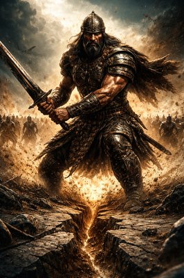 "A hyper-realistic, cinematic portrait of Zelek the Ammonite, one of King David’s elite 'Mighty Men.' He is a towering figure with a weathered, fierce expression, wearing ancient Near Eastern bronze-and-iron scale armor with heavy leather straps. He stands in a stance of immense power, holding a massive, jagged-edged broadsword or a heavy iron-headed spear. The background is a battlefield where he has literally 'broken' through the enemy line—visualized as a physical fissure or crack in the earth radiating from his feet (Baal-perazim style). The enemy 'host' is seen scattering and dissolving in his wake, depicted as shadowy figures falling back into a golden, dusty haze. Art Style: Gritty biblical realism blended with epic 2026 digital concept art; heavy emphasis on texture (hammered metal, scarred skin, desert sand), deep shadows, and high-contrast volumetric lighting. 8K resolution, wide-angle lens, masterpiece quality