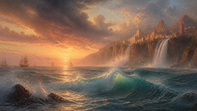 a cliffside city with waterfalls cascading into a misty canyon, wide establishing shot, no people, no text