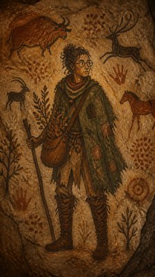 full-body original character: a wandering botanist with a satchel of plants, a patched green cloak, tall boots and round glasses, neutral background