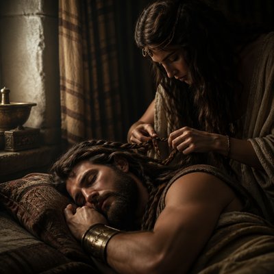 Show Delilah weaving the 7 locks of his hair while Sampson is sleeping. “And Delilah said unto Samson, Hitherto thou hast mocked me, and told me lies: tell me wherewith thou mightest be bound. And he said unto her, If thou weavest the seven locks of my head with the web. And she fastened it with the pin, and said unto him, The Philistines be upon thee, Samson. And he awaked out of his sleep, and went away with the pin of the beam, and with the web. And she said unto him, How canst thou say, I love thee, when thine heart is not with me? thou hast mocked me these three times, and hast not told me wherein thy great strength lieth.” (Judges 16:13-15, KJV)

