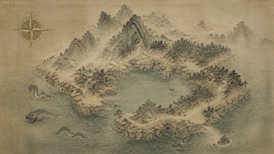 a map of an island realm with mountains, forests, a sheltered bay, sea monsters in the water and a compass rose, no text labels