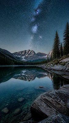 a tranquil mountain lake beneath a starry night sky, no people, no text