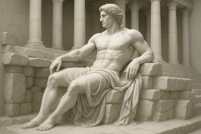 a statue of a man sitting on a stone bench