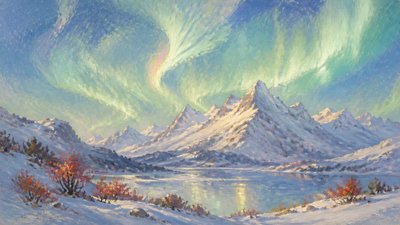a flowing aurora over snowy peaks, wide sweeping composition, no people, no text