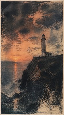 a lone lighthouse on a cliff at dusk under a dramatic sky, no text or lettering