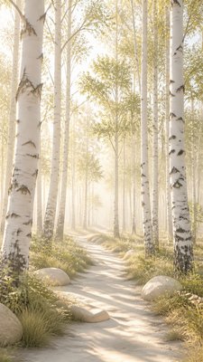 a serene birch forest in soft morning light, no people, no text