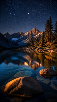 a tranquil mountain lake beneath a starry night sky, no people, no text