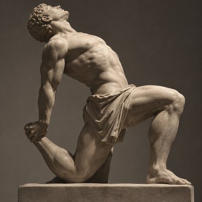 ancient greek athlete bending his leg and stretching his torso backward