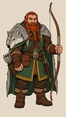 full-body original character: a dwarven ranger with a braided auburn beard, worn leather armor, a longbow and a wolf-pelt cloak, neutral background, no text