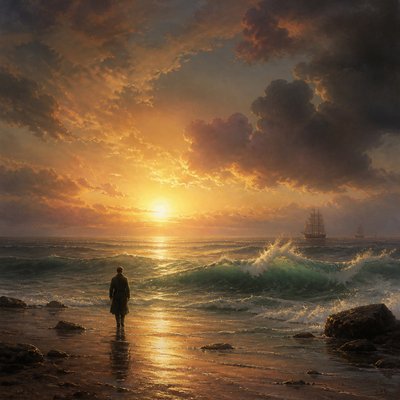 a solitary figure walking toward a glowing horizon across an empty plain, moody atmosphere, no text or lettering