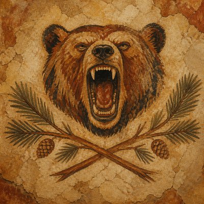 a roaring bear head above crossed pine branches, bold graphic composition on a plain background, no text