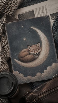 a sleeping baby fox curled on a crescent moon among soft stars, gentle and warm, no text
