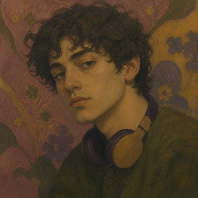 head-and-shoulders portrait of an original character: a young man with curly dark hair and headphones around his neck, plain backdrop, no text