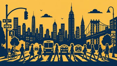bustling city street panorama at dusk