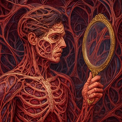 a painting of a man holding a magnifying glass