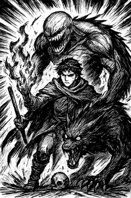 a black and white drawing of a demon attacking a demon