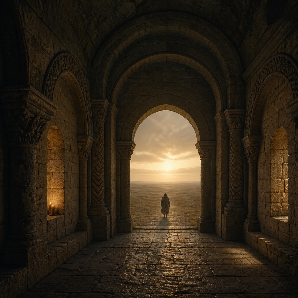 a solitary figure walking toward a glowing horizon across an empty plain, moody atmosphere, no text or lettering