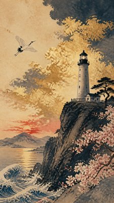 a lone lighthouse on a cliff at dusk under a dramatic sky, no text or lettering