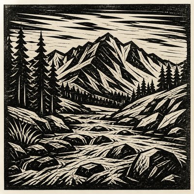 wide landscape with natural scenery — Woodcut Print Style