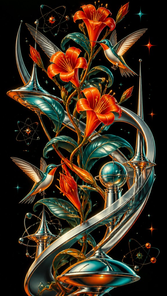 a climbing vine of flowers and hummingbirds on a dark background, tall wrapping composition, no text
