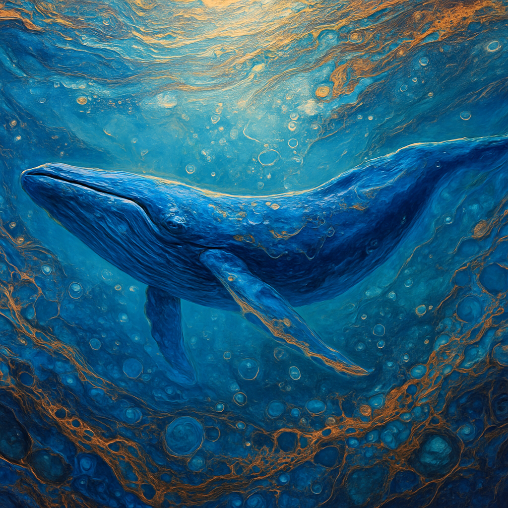 A hyper-realistic blue whale, majestic and mysterious, gliding gracefully through a surreal ocean scene. Its massive, sleek body glows with deep blues and silvers, illuminated by soft sunlight streaming through the ocean's surface. Surrounding it are glistening, delicate bubbles, sparkling like jewels in the light. The water shimmers with ethereal clarity, blending realism with a dreamlike atmosphere, capturing the whale's awe-inspiring beauty and enigma. 