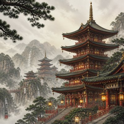 wide landscape with natural scenery — Pagoda Architecture Style