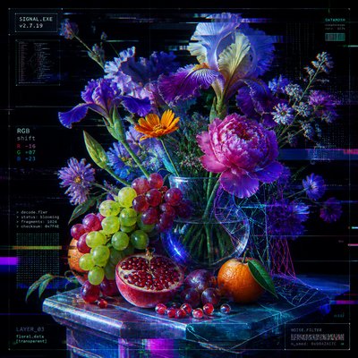 still life arrangement of fruits and flowers