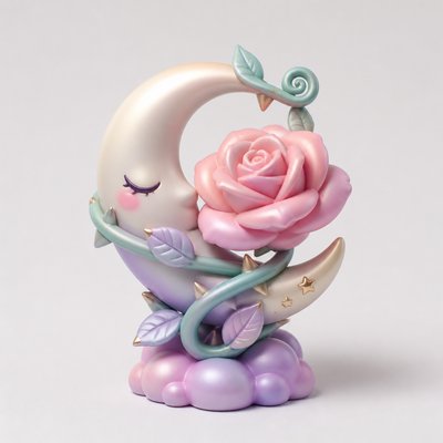 a rose entwined with a crescent moon, clean balanced composition on a plain background, no text