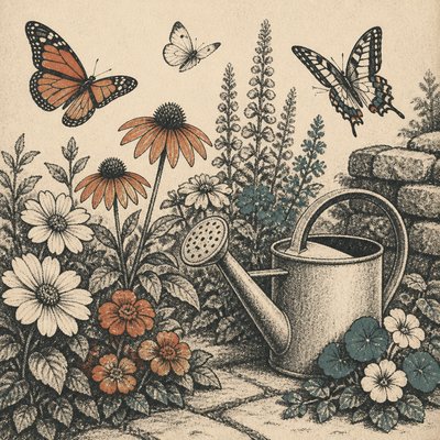 a garden scene with butterflies, flowers and a watering can, clean uncolored line art, no text