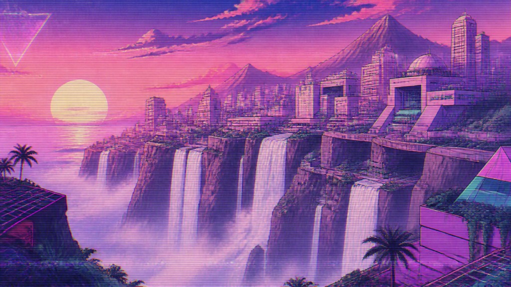 a cliffside city with waterfalls cascading into a misty canyon, wide establishing shot, no people, no text