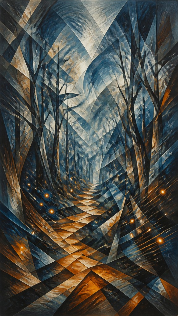 a mysterious forest path with fireflies and drifting mist, atmospheric vertical composition with open space at the top, no text