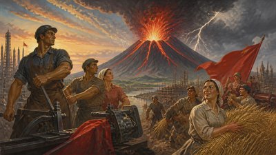 an erupting volcano with lightning strikes, dramatic wide composition, no text
