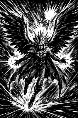 a black and white drawing of a demon