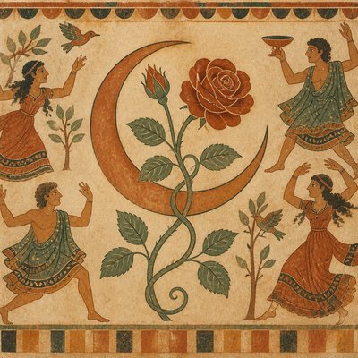 a rose entwined with a crescent moon, clean balanced composition on a plain background, no text