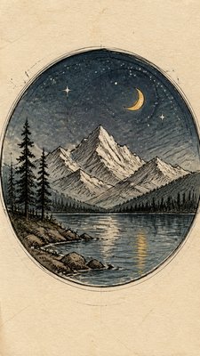 a tranquil mountain lake beneath a starry night sky, no people, no text