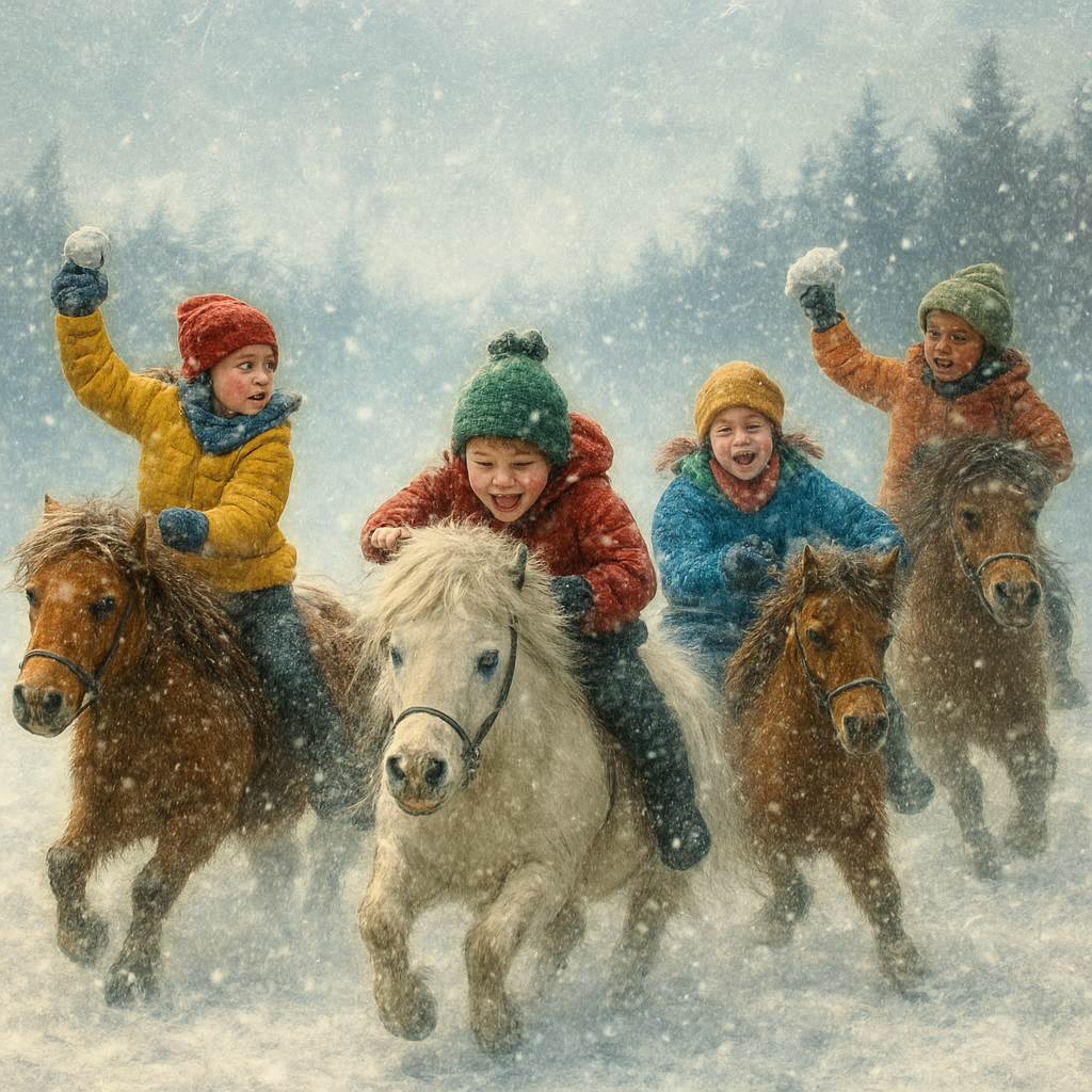 A dynamic, action-filled scene capturing four excited children (diverse ages and genders, bundled in bright winter clothing) engaged in an intense snowball fight while riding ponies/horses.
Scene Details: The setting is a wide-open, snow-covered winter field bordered by dark, snow-dusted evergreen trees. Snow is actively falling, adding texture to the air. The children are positioned dramatically: one child is leaning far back on a brown pony, aiming a snowball with intense focus; another is mid-giggle, ducking behind their white horse's mane for cover. The ponies are sturdy, slightly shaggy, and seem to be enjoying the chaos, snorting visible steam into the cold air. The ground is churned up with snow from the horses' hooves.
Key Atmosphere: Focus on joyful aggression, speed, and chaotic motion.