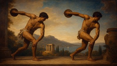 two ancient greek indudi discus throwers take their stance before the swing
