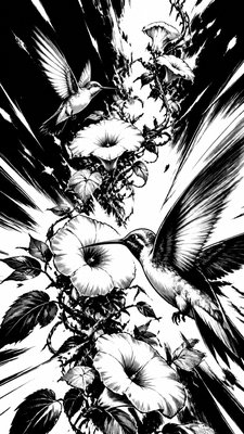 a climbing vine of flowers and hummingbirds on a dark background, tall wrapping composition, no text