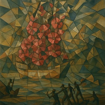 a painting of a group of people standing in front of a large red object