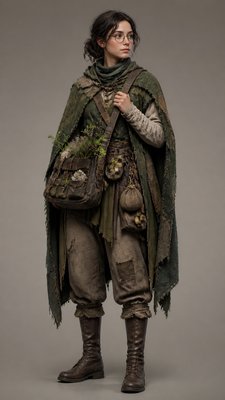 full-body original character: a wandering botanist with a satchel of plants, a patched green cloak, tall boots and round glasses, neutral background