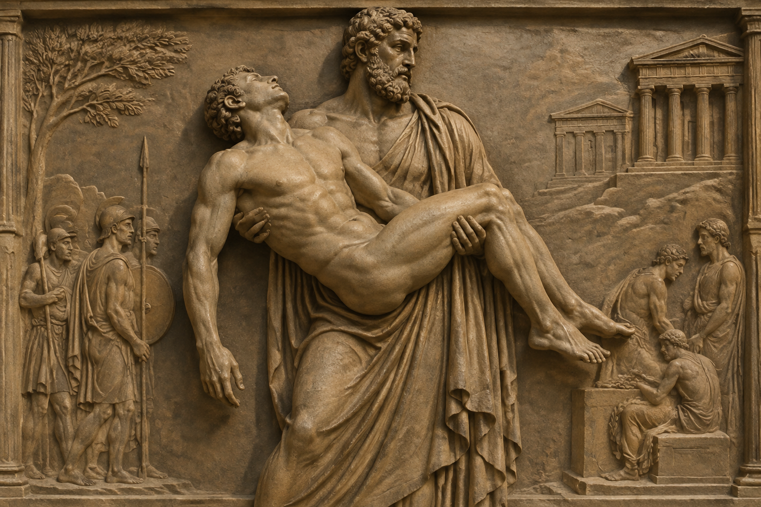 ancient greek man carries an ignudi athlete in his arms