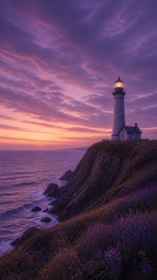 a lone lighthouse on a cliff at dusk under a dramatic sky, no text or lettering