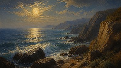 a moonlit coastline with cliffs and crashing surf, no people