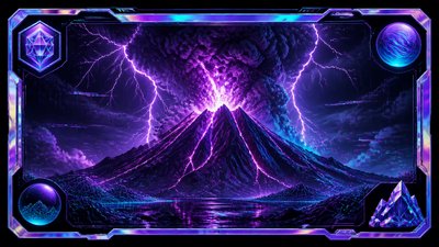 an erupting volcano with lightning strikes, dramatic wide composition, no text