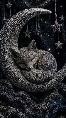 a sleeping baby fox curled on a crescent moon among soft stars, gentle and warm, no text