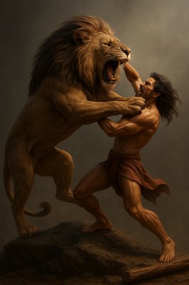 a painting of a man wrestling a lion