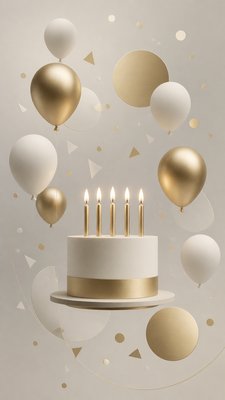 a birthday cake with lit candles surrounded by balloons and confetti, festive vertical composition, no text