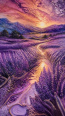 a field of lavender stretching to distant hills at dusk, no people