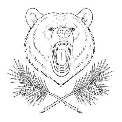 a roaring bear head above crossed pine branches, bold graphic composition on a plain background, no text
